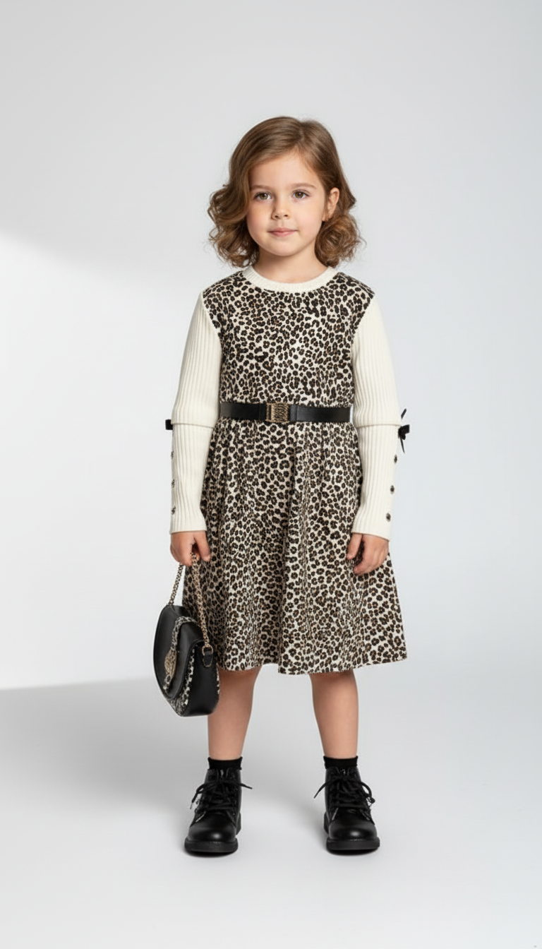 فستان بناتي فاخر بطبعة الفهد مع حقيبة عصرية