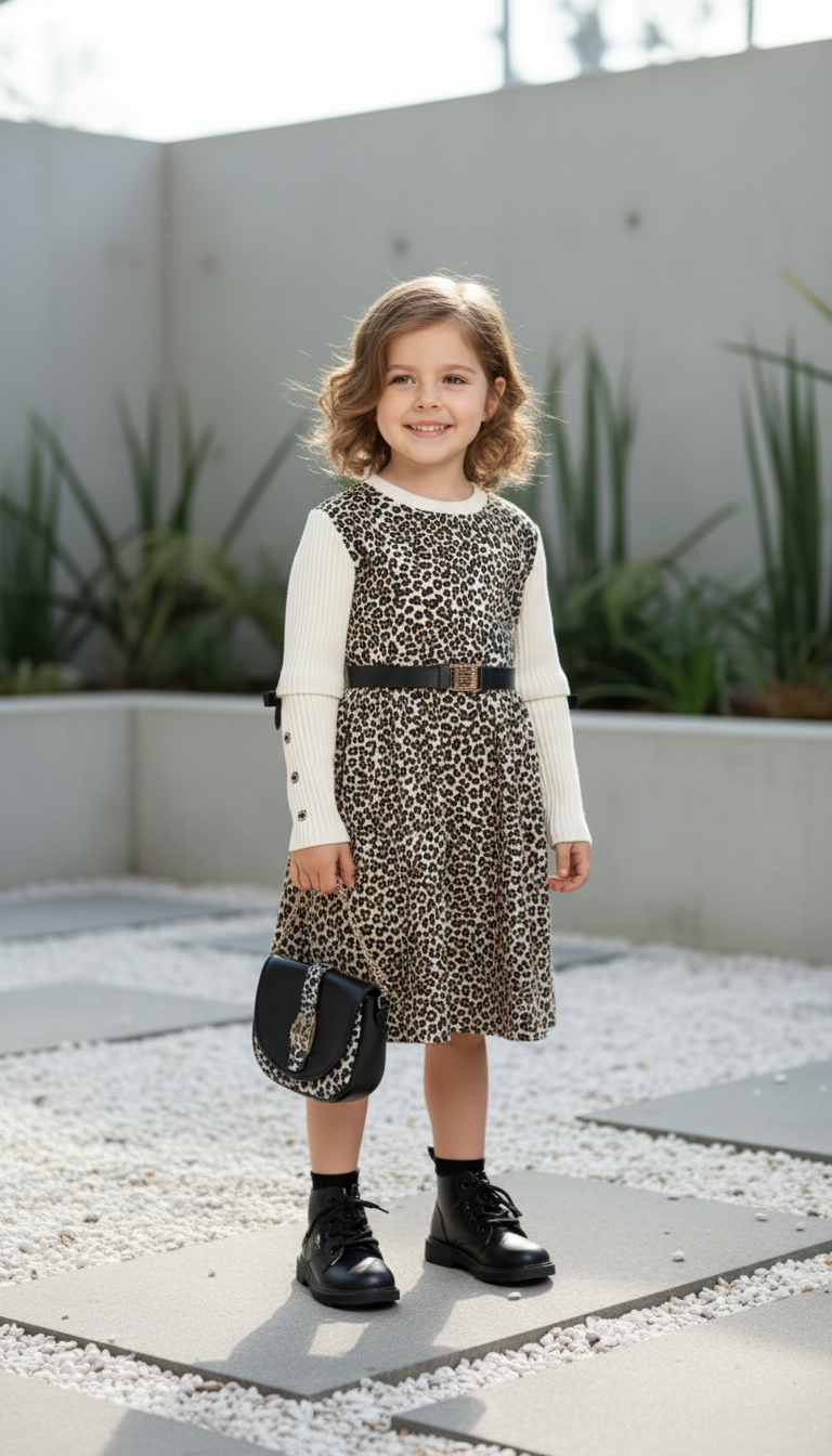 فستان بناتي فاخر بطبعة الفهد مع حقيبة عصرية