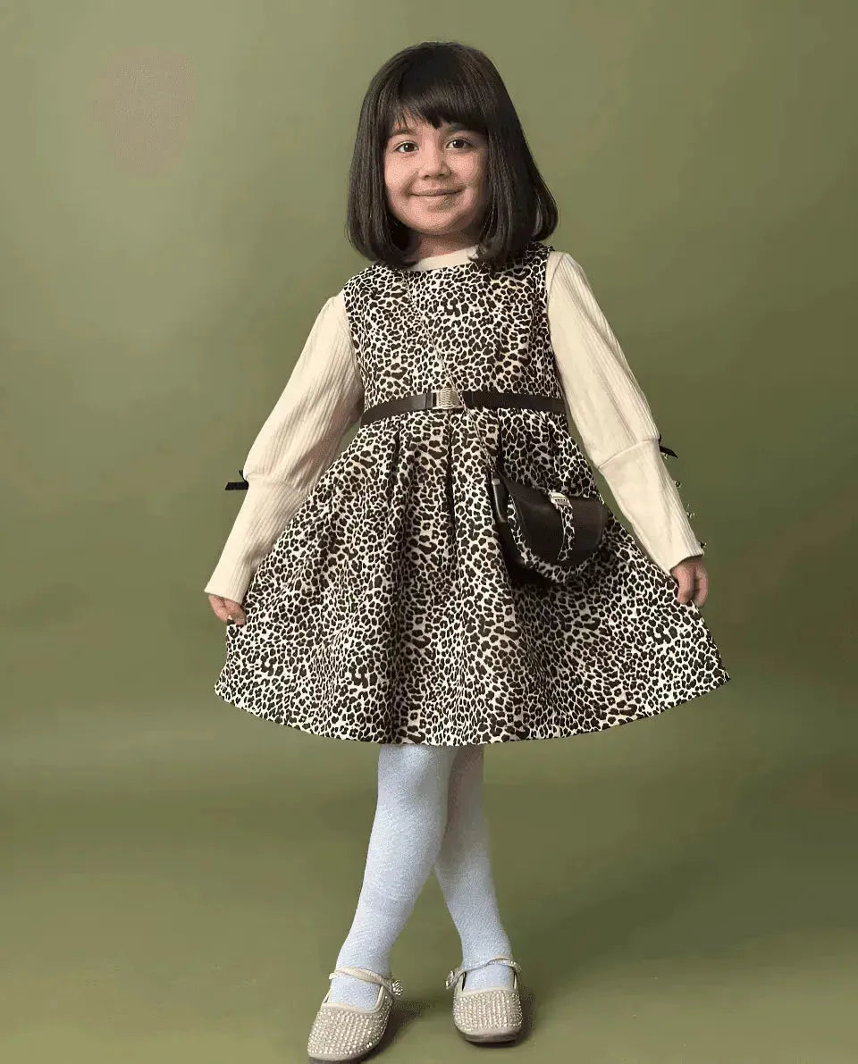 فستان بناتي فاخر بطبعة الفهد مع حقيبة عصرية