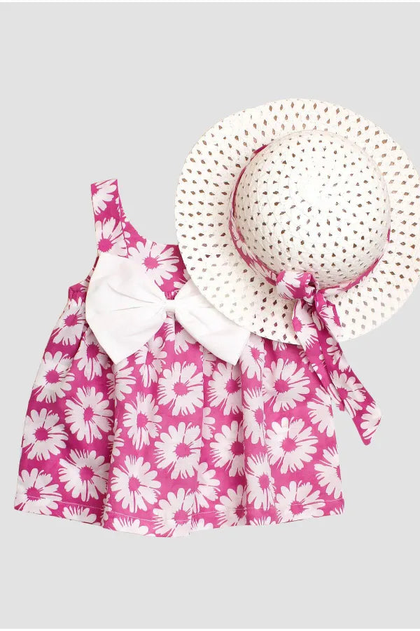 فستان بناتي زهري بنقشات مزخرفة مع قبعة أنيقة – ملابس بنات من بامبي
