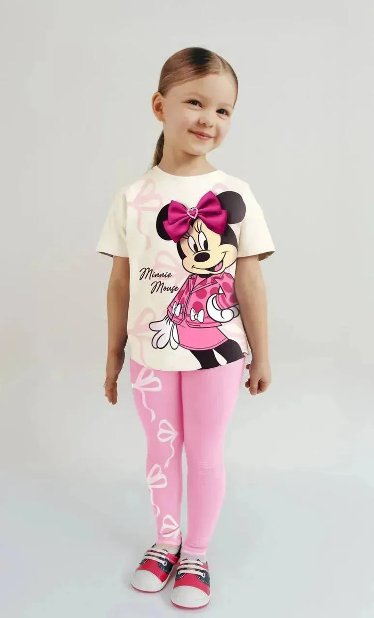 طقم Minnie الأبيض: فيونكة مرصعة 3D – ملابس بنات من بامبي